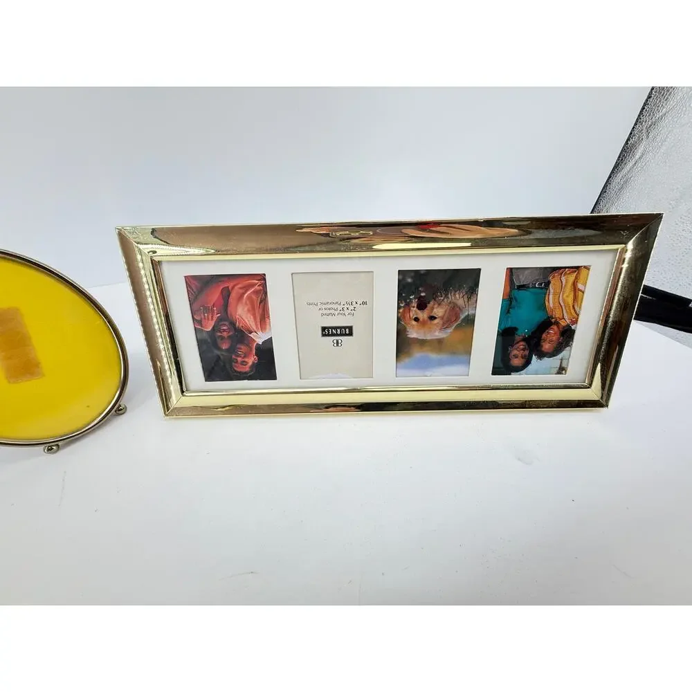 Gold Tone Picture Frame Set Oval Double Collage 2x3 Brass Look Tabletop Vintage